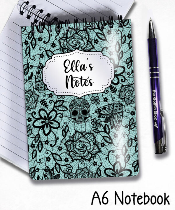 gothic floral lace skull roses moths notebook journal option to personalise