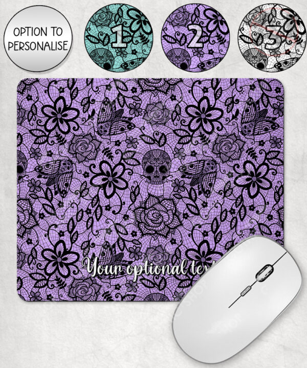 gothic floral lace skull roses moths mouse mat option to personalise