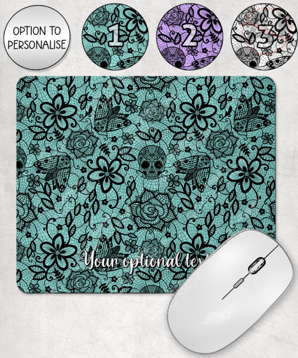 gothic floral lace skull roses moths mouse mat option to personalise