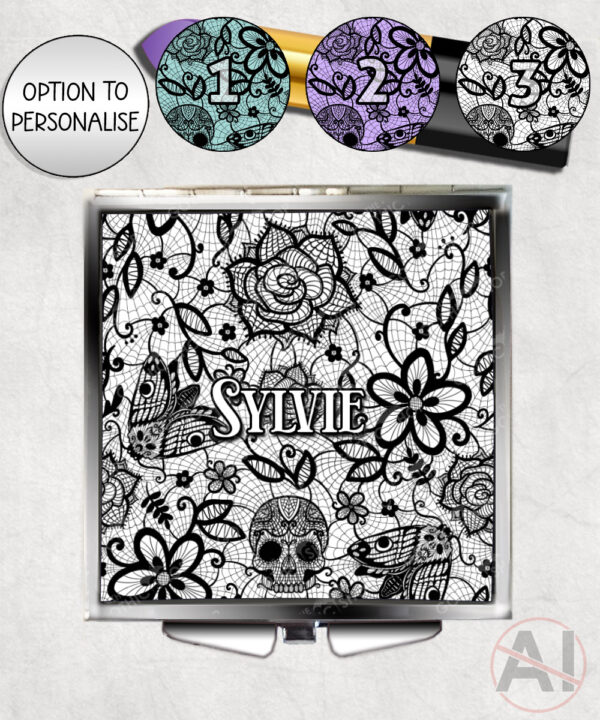 gothic floral lace skull roses moths compact mirror option to personalise