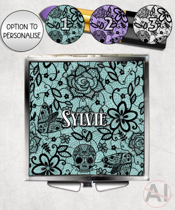 gothic floral lace skull roses moths compact mirror option to personalise