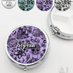 gothic floral lace skull roses moths round pill box option to personalise