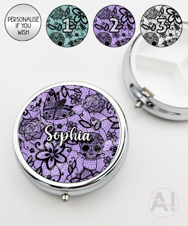 gothic floral lace skull roses moths round pill box option to personalise