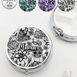 gothic floral lace skull roses moths round pill box option to personalise