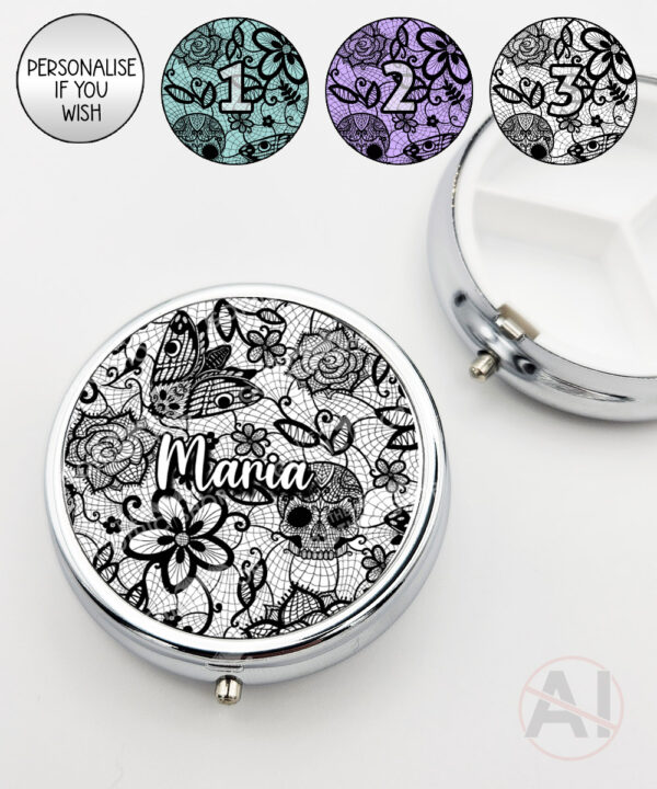 gothic floral lace skull roses moths round pill box option to personalise