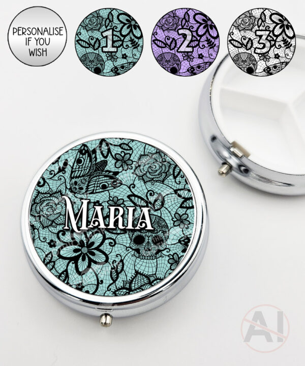 gothic floral lace skull roses moths round pill box option to personalise