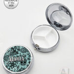 gothic floral lace skull roses moths round pill box option to personalise
