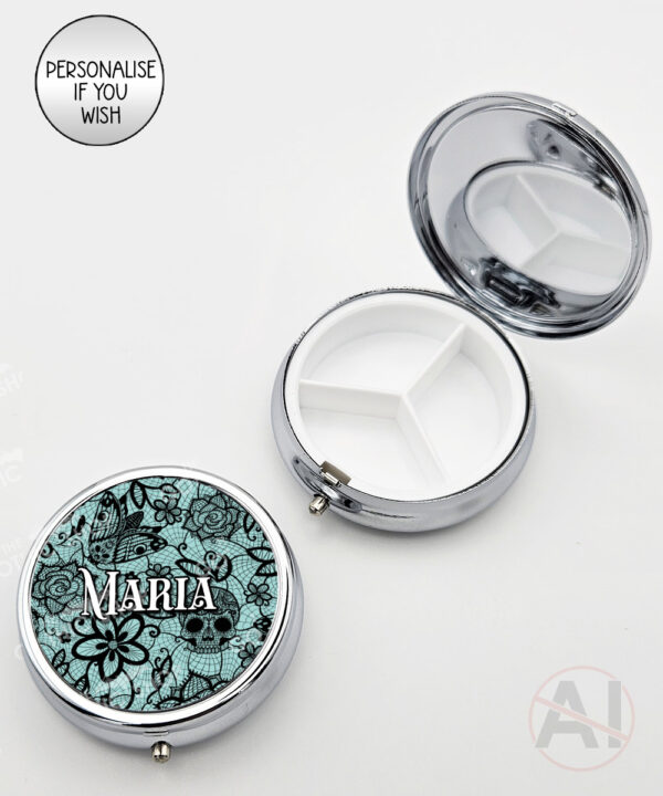 gothic floral lace skull roses moths round pill box option to personalise