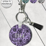 gothic floral lace skull roses moths round keyring option to personalise