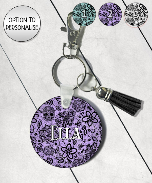 gothic floral lace skull roses moths round keyring option to personalise