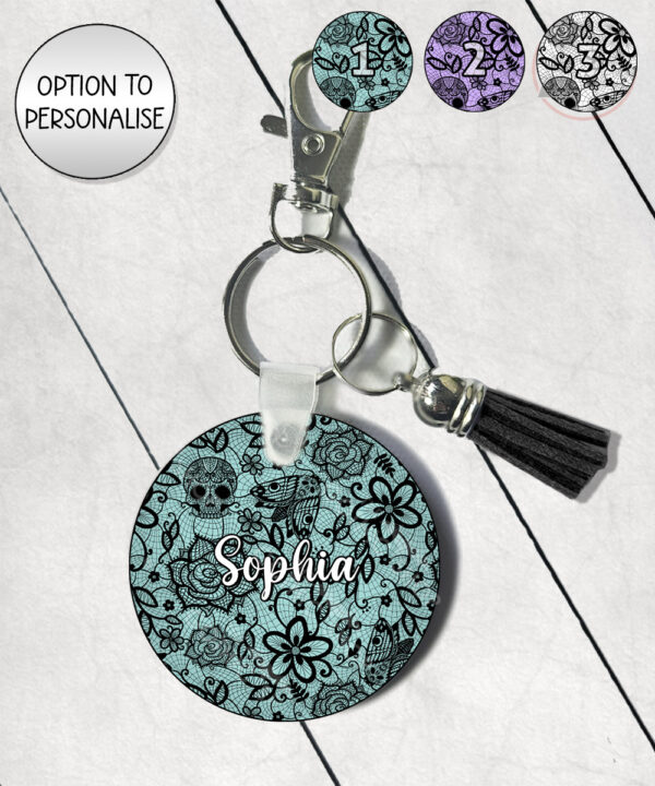 gothic floral lace skull roses moths round keyring option to personalise