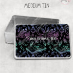 spell books doodle sketches witchy gothic storage tin option to personalise