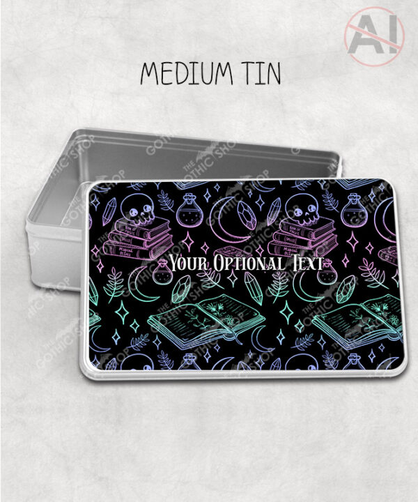 spell books doodle sketches witchy gothic storage tin option to personalise