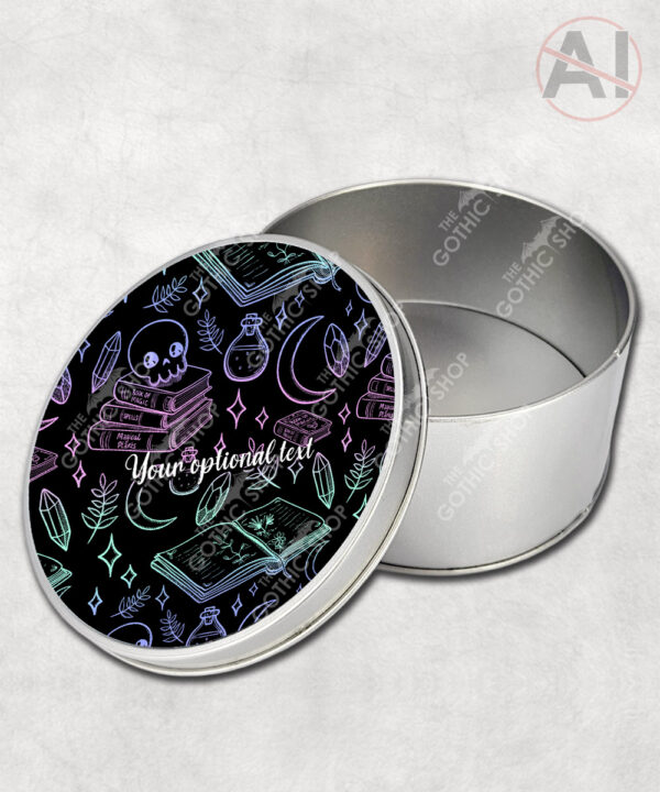 spell books doodle sketches witchy gothic storage tin option to personalise