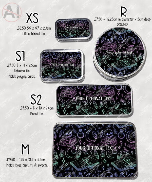 spell books doodle sketches witchy gothic storage tin option to personalise