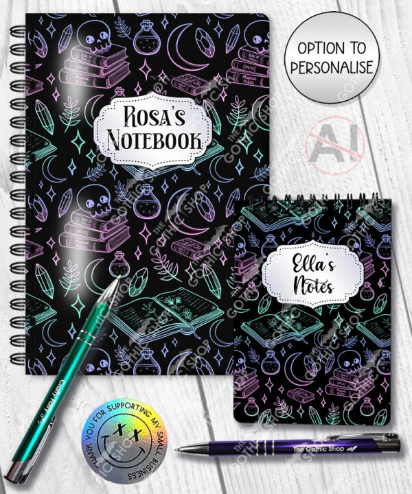spell books doodle sketches witchy gothic notebook journal option to personalise