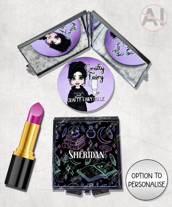 spell books doodle sketches witchy gothic compact mirror option to personalise