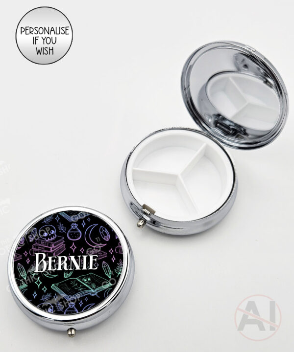 spell books doodle sketches witchy gothic round pill box option to personalise