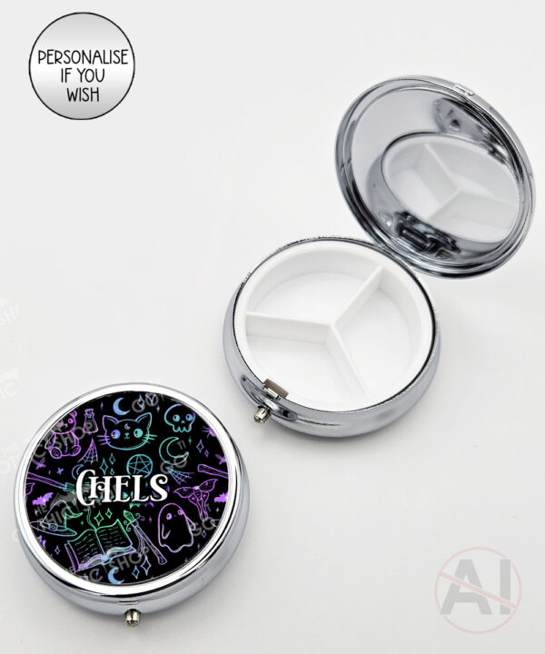 spooky doodle sketches gothic halloween round pill box option to personalise