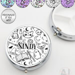 spooky doodle sketches gothic halloween round pill box option to personalise