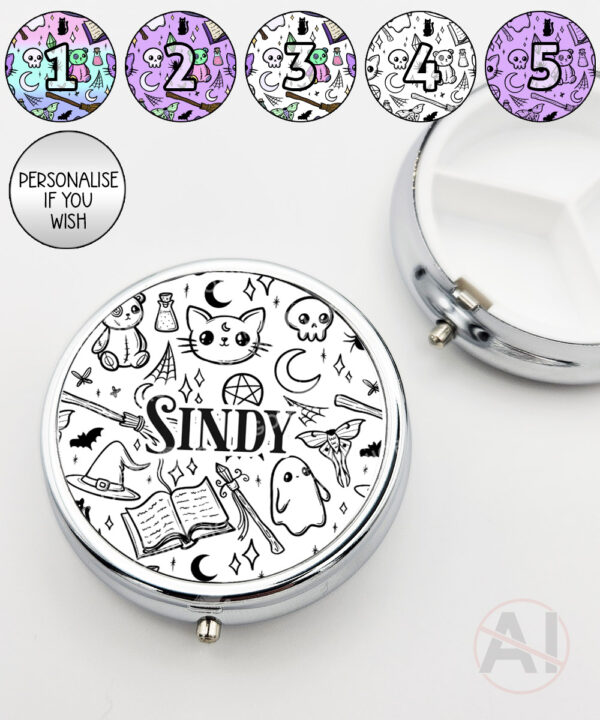 spooky doodle sketches gothic halloween round pill box option to personalise