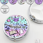 spooky doodle sketches gothic halloween round pill box option to personalise