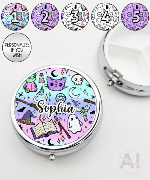 spooky doodle sketches gothic halloween round pill box option to personalise