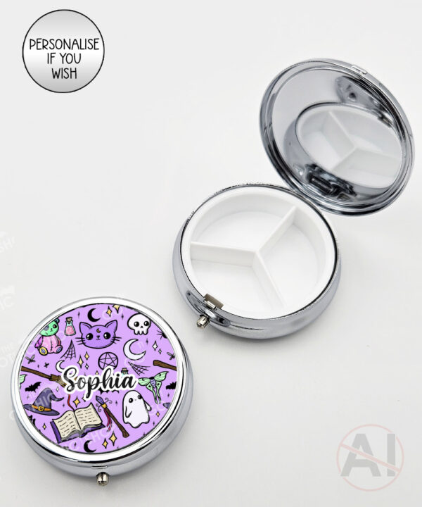 spooky doodle sketches gothic halloween round pill box option to personalise