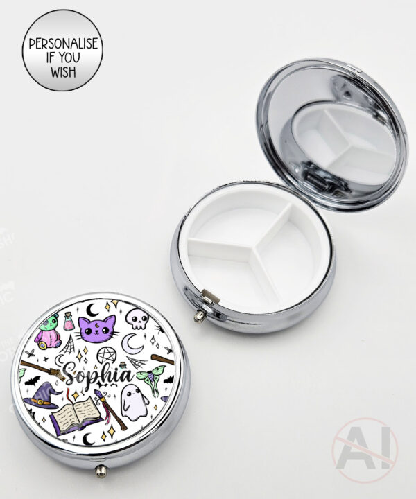 spooky doodle sketches gothic halloween round pill box option to personalise