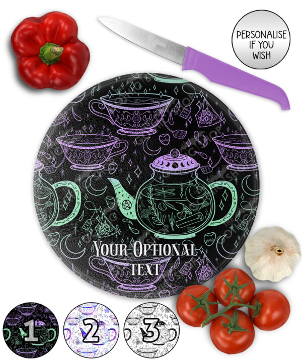 witch's brew doodle sketches gothic glass chopping board option to personalise