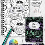 witch's brew doodle sketches gothic notebook journal option to personalise