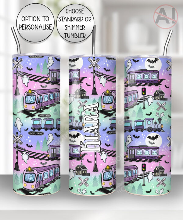 train to ghost town halloween straight tumbler option to personalise