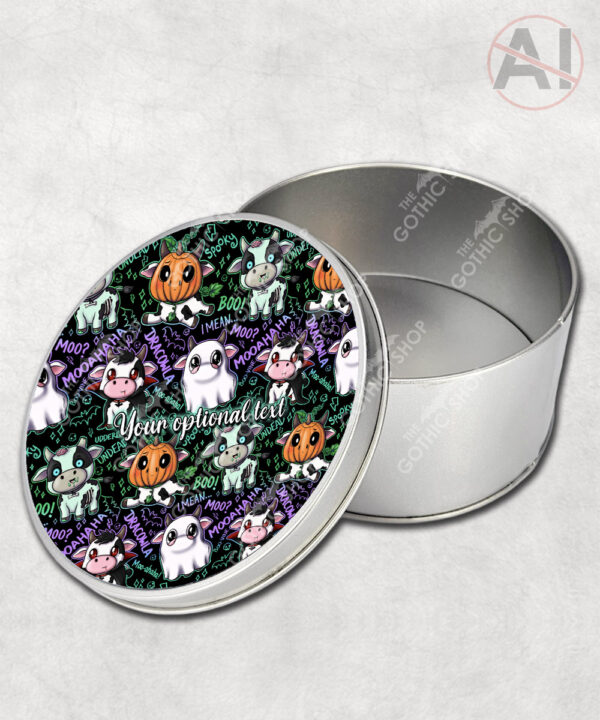 spooky halloween cows storage tin option to personalise