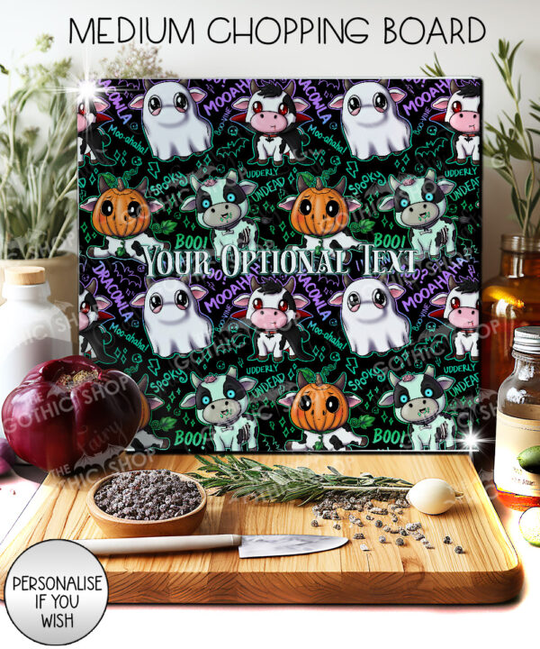 spooky halloween cows glass chopping board option to personalise