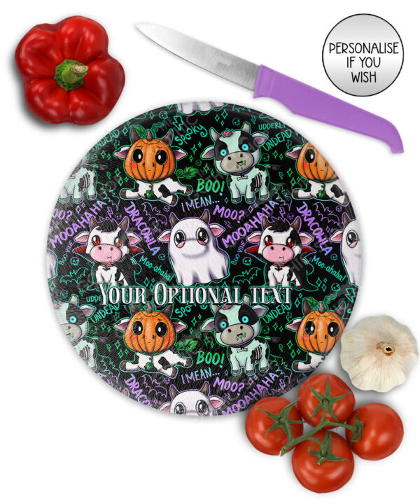 spooky halloween cows glass chopping board option to personalise
