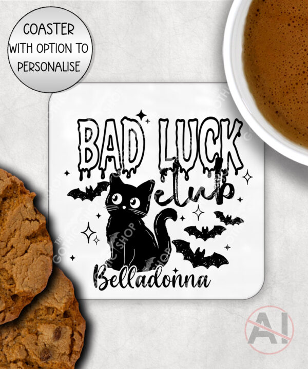 bad luck club black cat gothic witchy mug and/or coaster optional to personalise