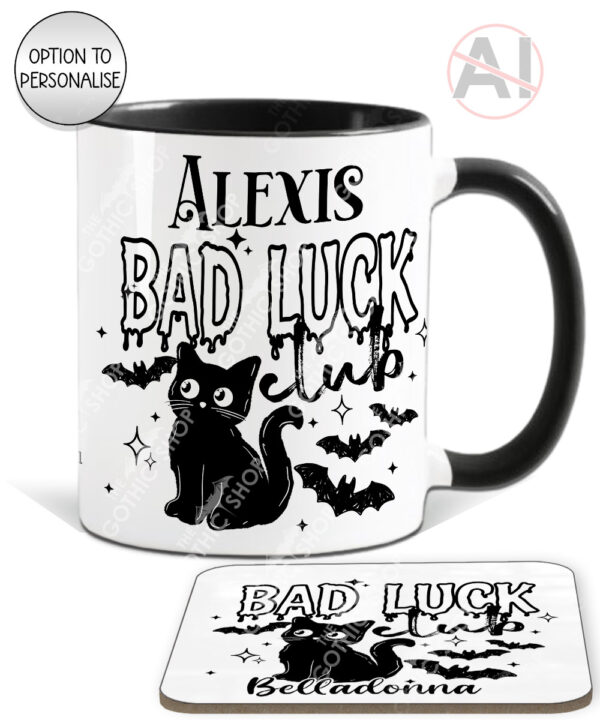 bad luck club black cat gothic witchy mug and/or coaster optional to personalise