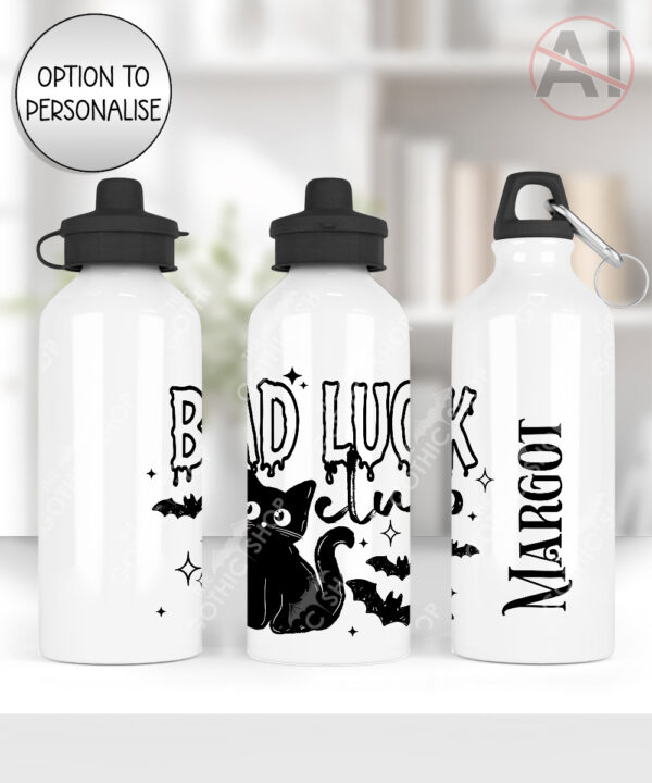 bad luck club black cat gothic witchy water bottle option to personalise