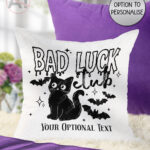 bad luck club black cat gothic witchy velvet cushion option to personalise