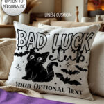 bad luck club black cat gothic witchy velvet cushion option to personalise