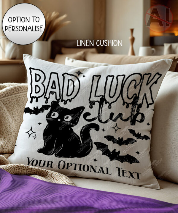 bad luck club black cat gothic witchy velvet cushion option to personalise