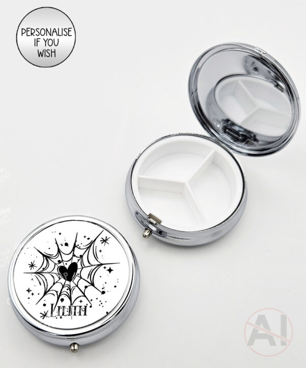 gothic heart web round pill box option to personalise