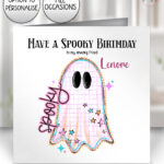 spooky pastel pink ghosts & stars halloween birthday or halloween card option to personalise
