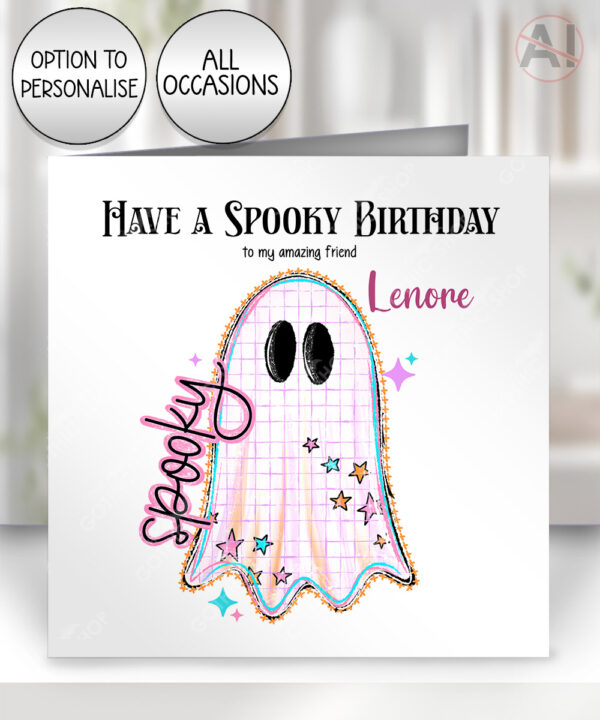 spooky pastel pink ghosts & stars halloween birthday or halloween card option to personalise