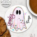 spooky pastel pink ghosts & stars halloween mug and/or coaster optional to personalise