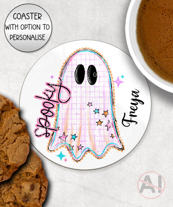 spooky pastel pink ghosts & stars halloween mug and/or coaster optional to personalise