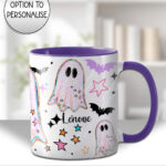 spooky pastel pink ghosts & stars halloween mug and/or coaster optional to personalise