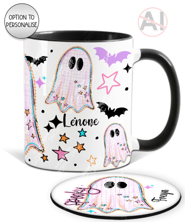 spooky pastel pink ghosts & stars halloween mug and/or coaster optional to personalise