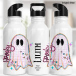 spooky pastel pink ghosts & stars halloween water bottle option to personalise
