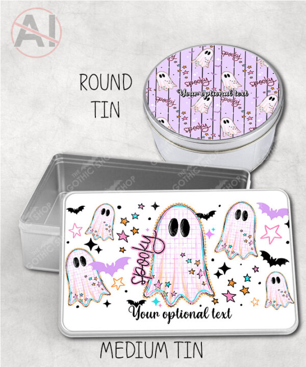 spooky pastel pink ghosts & stars halloween storage tin option to personalise